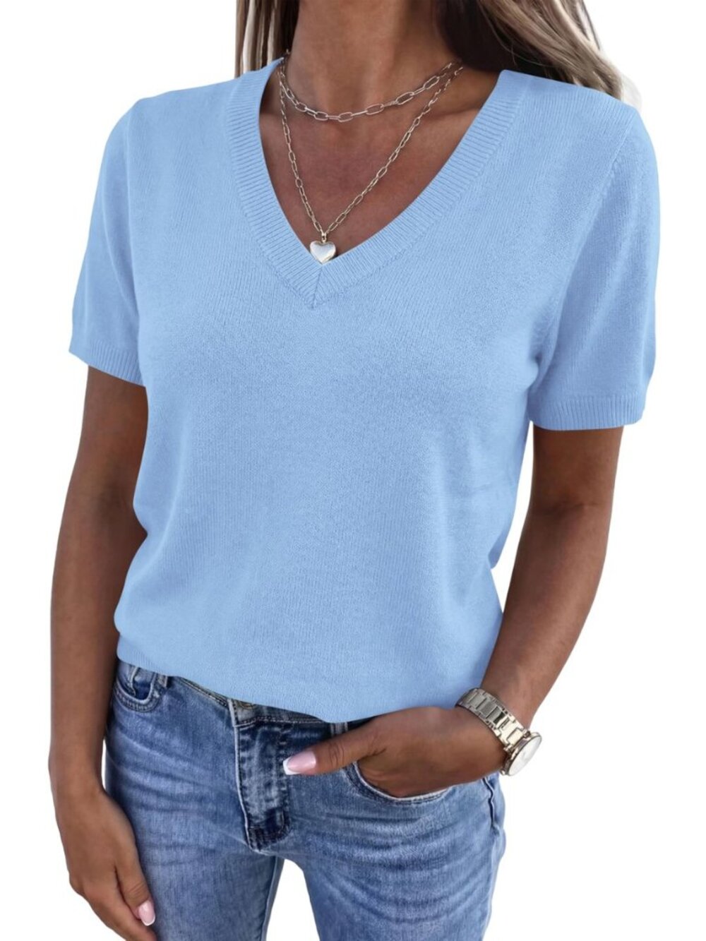 Womens Short Sleeve Sweater V Neck Tops